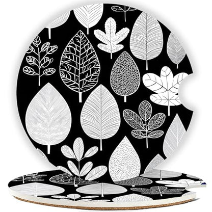 Ceramic Car Cup Holder Coasters Set of 2, 2.56 in Black Leaves - color: Black Leaves