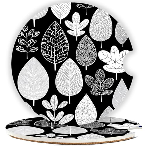 Ceramic Car Cup Holder Coasters Set of 2, 2.56 in Black Leaves - color: Black Leaves