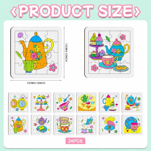 Cinrobiye 24 Pcs Tea Party Coloring Jigsaw Craft Kit for Kids, DIY Floral Teapot Activity Set Bulk with 12 Designs, Afternoon Tea Birthday Favors, Classroom Art Projects - color: Tea