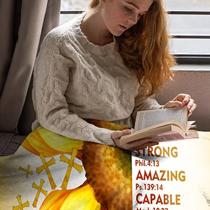 AMITAYUS Yellow Sunflower Prayer Blanket Bible Verse Healing Inspirational Sympathy Fleece Throw Religious Christian Gifts for Women Wife - Womens Gift Ideas - 40''x50'' - color: Christian Bible Verse, size: Small 50"x40
