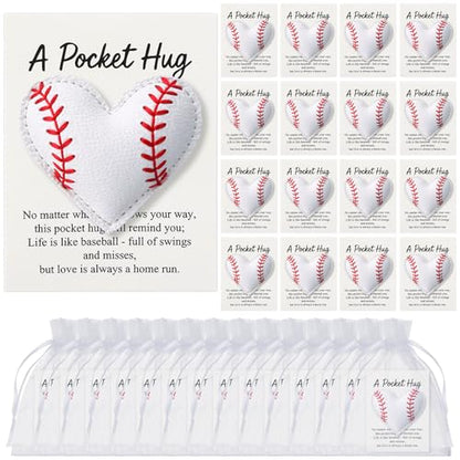 Hollowfly 12 Set Baseball Pocket Hug Heart Shape Stitching Pocket Hug with Inspirational Cards and Organza Bags Encouragement Gifts for Baseball Players Athletes Teams Sports Lovers Coaches Graduation - style: Baseball Heart
