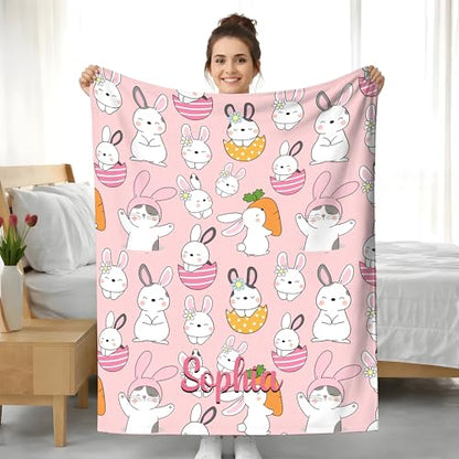 KiKiLuna Personalized Easter Bunny Flannel Throw Blanket, 5 Cartoon Designs, Custom Name Cute Spring Pattern Cozy Gift for Kids - color: Design 10