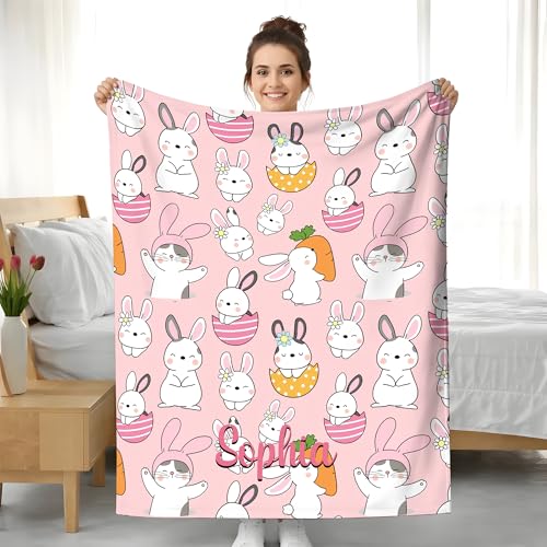 KiKiLuna Personalized Easter Bunny Flannel Throw Blanket, 5 Cartoon Designs, Custom Name Cute Spring Pattern Cozy Gift for Kids - color: Design 10