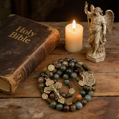 HanlinCC Stone Beads St.Michael Paracord Catholic Rosary with Bag for Men - style: India Agate