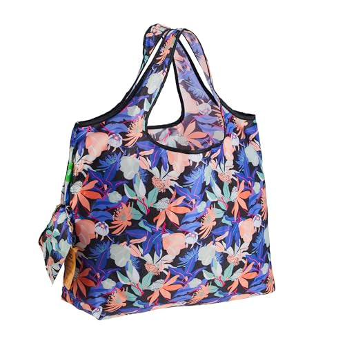 ECO CHIC Foldable Reusable Large Grocery Bags (Night Blossom) - Foldable Grocery Bags - Lightweight, Recycled & Reusable Shopping Bag - Waterproof, Packable Tote Fitting in Fine Grocery Bag Carrier - color: Night Blossom