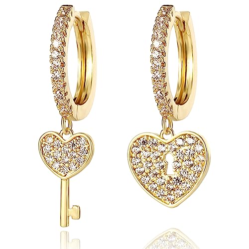 Cross Small Hoop Dangle Earrings 925 Sterling Silver CZ Diamonds Round Huggie Earrings For Men Women - style: lock and key gold