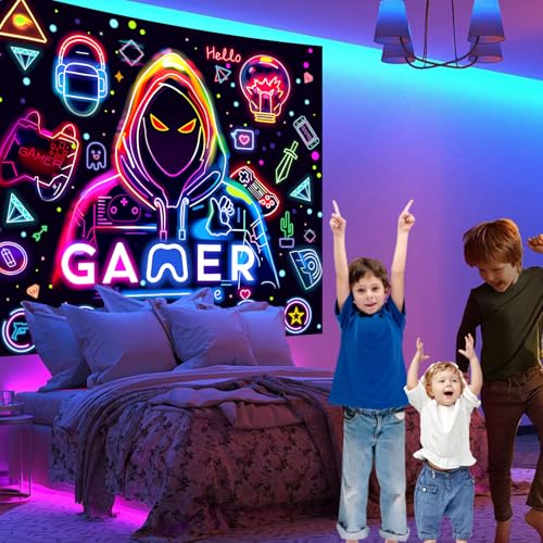 Apdidl Blacklight Gaming Wall Tapestry, Black Light UV Game Player Posters - color: Gamer Blacklight Tapestry, size: 60"L x 51"W