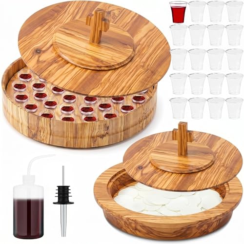 Zhehao 2 Pcs Wood Communion Set for Church, Holy Communion Serving Tray and Bread Plate with Lid Cup Filler and Disposable Cups Elegant Worship Supplies for Church Service (Olive Wood Style) - style: Olive Wood Style