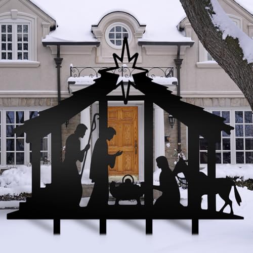 Cinnvoice 40" x 31" Large Christmas Metal Yard Stakes Christmas Garden Stakes Waterproof Xmas Outdoor Yard Decor with Stake for Xmas Holiday Lawns Outdoor Decor(Nativity, Black) - style: Nativity