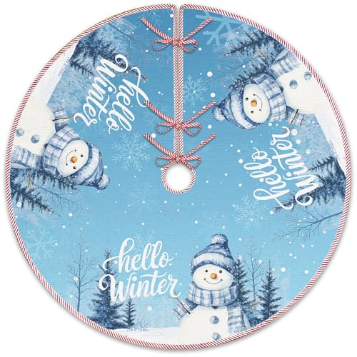 Blue Snowman Hello Winter Christmas Tree Skirt, Winter Snowflake Tree Skirt, Xmas Snowy Christmas Tree Mat Ornaments for New Year Home Party Holiday Indoor Outdoor Decor, 36 Inch - color: Winter