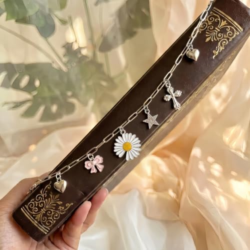 Daisy Bible Charm Chain - Cute Christian Cross Bow Flowers Heart Accessories Gift Scripture Faith Inspirational Floral Silver Metal Bookmark Jewelry Religious Decor for Study Women Girls - color: Daisy Bow