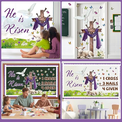 Christian Easter Bulletin Board Set He is Risen Classroom Decoration Jesus Forgiven Cross Butterfly Lily Christian Religious Paper Cutouts for Spring Sunday School Church Home Chalkboard Wall Decor