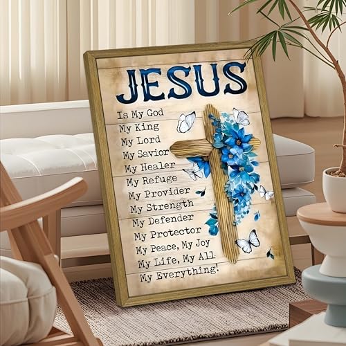 Framed Christian Wall Art Canvas Prints, My God Jesus Inspirational Quote Decor, Vintage Cross Floral Pictures Artwork, Rustic Faith Bible Verse Wall Decor for Living Room Bedroom – 24x36 in - color: Jesus B, size: 36"L x 24"W