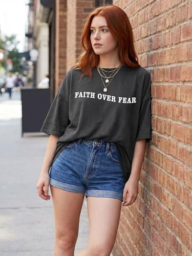 Christian Shirts for Women Faith Over Fear Oversized Graphic Tees - color: Darkgrey, size: Small