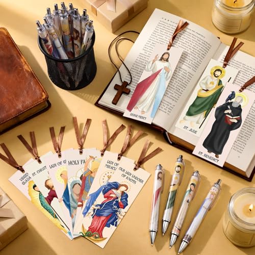 Sayglossy 40 Pcs Catholic Bible Gifts Set 20 Christian Ballpoint Pens ＆20 Prayer Bookmarks Religious Saints Jesus Virgin Mary Gifts Bulk for First Communion Baptism Confirmation Lent Favors(Cute) - style: Cute