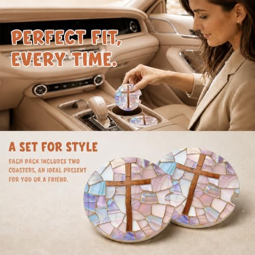 Christian Cross Stained Glass Car Coasters, Religious Faith Cup Holders, 25 - color: Christian Cross