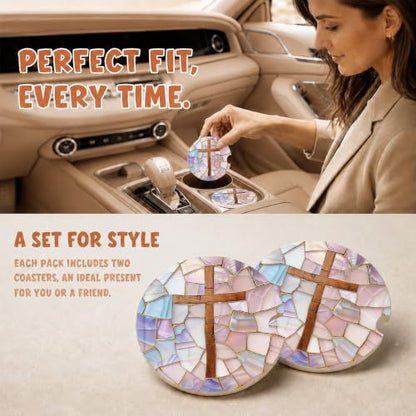 Christian Cross Stained Glass Car Coasters, Religious Faith Cup Holders, 25 - color: Christian Cross