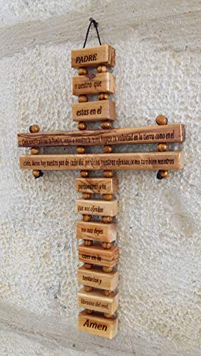 Olive Wood Large Wall Cross (9 Inches) with Lord's Prayer (Our Father Prayer) in Spanish (Español) Handmade in Bethlehem Holy Land - size: 23"L x 9"W