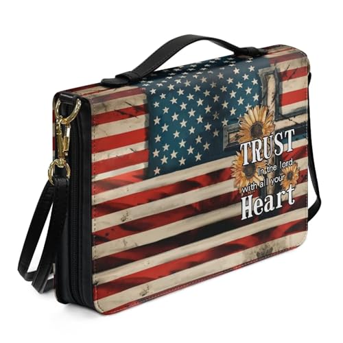 Bible Cover for Women Men Waterproof Crossbody Bag with Handle Tote Bag for Pens, Highlighters M-2XL - color: American Flag Cross, size: L(9.2”L x 6”W x 1.6”)