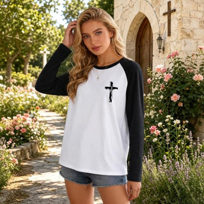 Christian Shirts for Women Faith Over Fear Shirt Jesus Long Sleeve Shirts - color: Black, size: Large