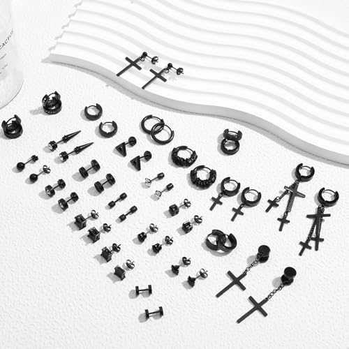 NEWITIN 24 Pairs Stainless Steel Earrings for Men Hypoallergenic Inlaid Cubic Zirconia Studs Hoop Earring Cross Dangle Earrings Unisex Punk Stud Earring for Women Men - color: Different Black
