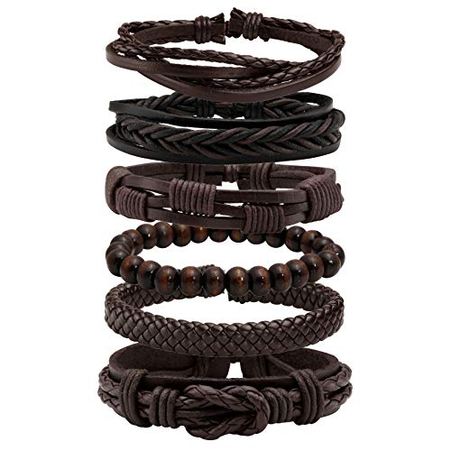 MILAKOO 6 Pcs Braided Leather Bracelet for Men Women Wooden Beaded Cuff Wrap Bracelet Adjustable - color: A: Brown