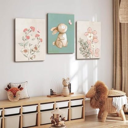 Framed Nursery Wall Art Set of 3 Pink Flower Botanical Pictures 12x16 In - color: Bunny(Canvas), size: 16"L x 12"W