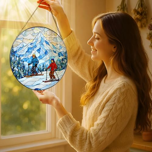 8'' Snowy Mountain Skiers Sun Catcher Ornament, Stained Glass Window Hanging, Sun Catchers for Windows Hanging Ornaments, Window Decor | Ideal Gift, Gift Exchange, Gifts for Skiers - color: Snowy Mountain Skiers