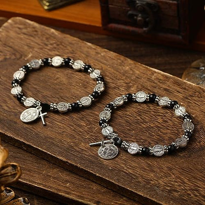 Crowye 12 Pcs St Benedict Bracelets Bulk Silver Color Rosary Bracelet Catholic Saint Medal Gifts Adjustable Religious Gifts for Men Women Birthday Holiday Christmas Stocking Stuffers