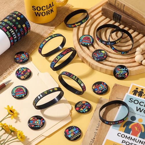 Kenning 100 Pcs Social Work Month Appreciation Gifts Set Includes 50 Social Work Rubber Bracelets Silicone Wristbands and 50 Button Pins Badges for Worker Volunteer Coworker Appreciation
