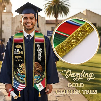 Graduation Stole Class of 2026 Reversible Sash with Gold Glitter Trim and Tassels V-Neck 72 Inch Satin - color: Jamaica & America