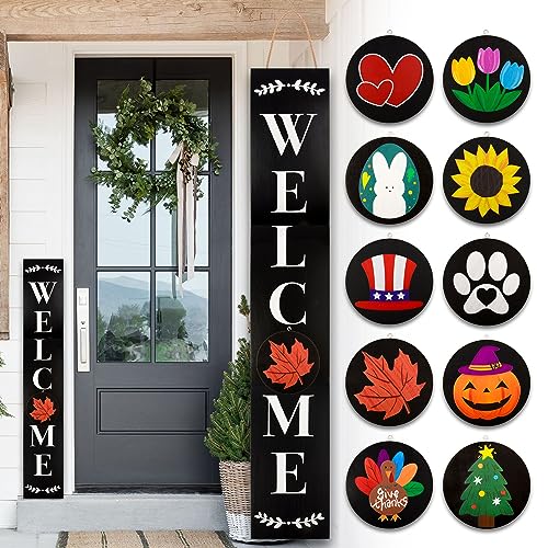Monjita Welcome Sign for Front Porch Standing, Interchangeable Wooden Sign with 5 Designed Double-Sided Icons for Front Door, All Seasonal Farmhouse Rustic Modern Porch Decor for Fall Harvest - color: Black