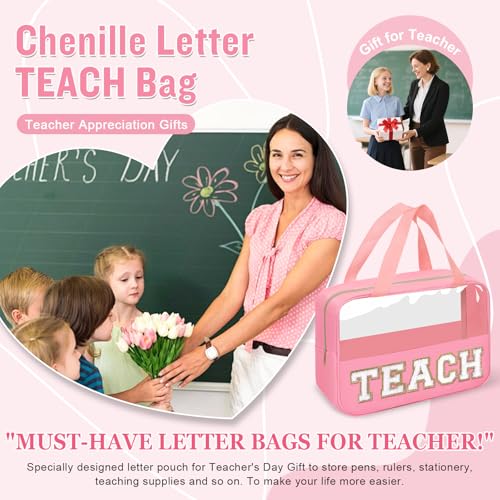 Teacher Appreciation Gifts Chenille Letter Clear Makeup Bag TEACH Pouch, Preppy Waterpoof Makeup Cosmetic Bag with Zipper Graduation Retirement Birthday Teacher Essentials Gifts for Women(TEACH-Pink) - color: TEACH-Pink