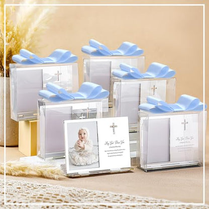 Vercraft 24 Set Baptism Picture Frame 3.5 x 5 Acrylic Baby Shower Baptism Favor Christening Gifts for Boy Girl with Plastic Crystal Boxes and Satin Ribbon Bows for Religious First Communion(Silver) - color: Silver