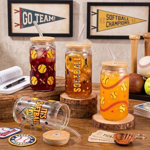 Glass Cups with Lids and Straws, 4Pack, 16oz, Softball Sports - color: Softball