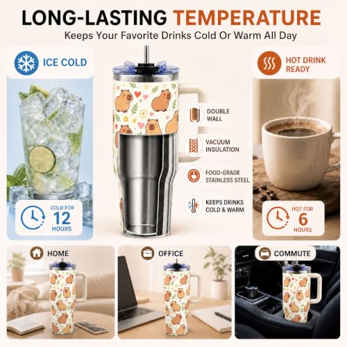 Capybara Tumbler 40 oz with Handle, Cute Capybara Gifts for Women Girls, Insulated Stainless Steel Cup with Straw, Funny Animal Lover Gift for Capybara Fans - color: Capybara1