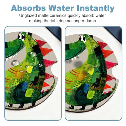 Ceramic Car Cup Holder Coasters Set of 2, 2.56 in Green Dinosaur - color: Green Dinosaur