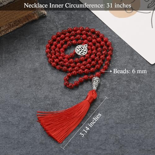 INBLUE 108 Mala Prayer Beads Wrap Necklace with Long Tassel Boho Necklace for Women Amazonite Bead Bracelet with Spiritual Tree of Life Pendant 108 Beads Necklace for Meditation - color: Natural Red Turquoise
