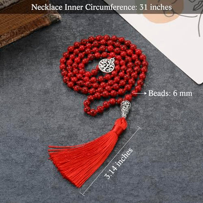 INBLUE 108 Mala Prayer Beads Wrap Necklace with Long Tassel Boho Necklace for Women Amazonite Bead Bracelet with Spiritual Tree of Life Pendant 108 Beads Necklace for Meditation - color: Natural Red Turquoise