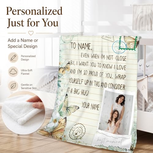 Mother's Day Personalized Photo Blanket, Custom Butterfly Blankets Gift - color: White