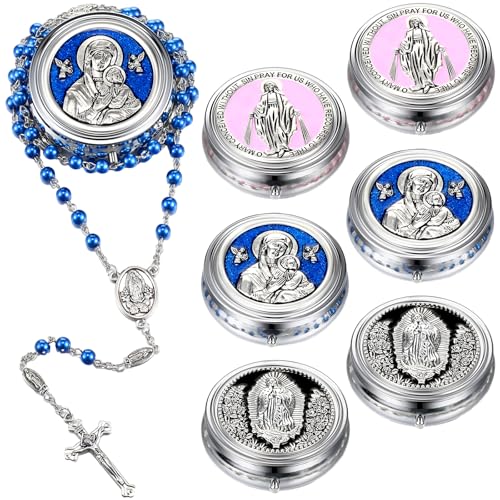 Ecation 6 Pcs First Communion Catholic Rosary Necklace, Pearl Rosary Catholic in Metal Gift Box Our Father Beads with Caps Our Lady of Guadalupe and Necklace Prayer Gift for Men Women