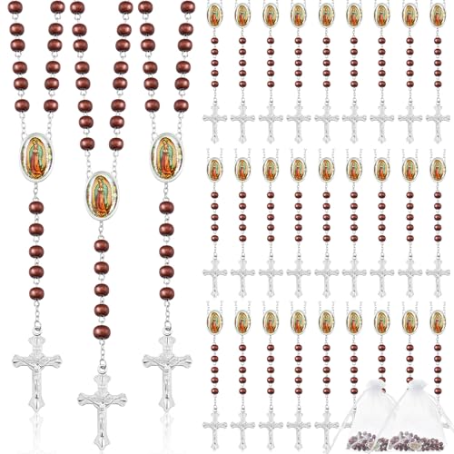 Taiyin 36 Pcs Wooden Bead Rosary Necklace with Crucifix and Our Lady of Guadalupe Scented First Communion Rosary with 36 Organza Bags Baptism Favors Catholic Gift for Men Women - color: Brown