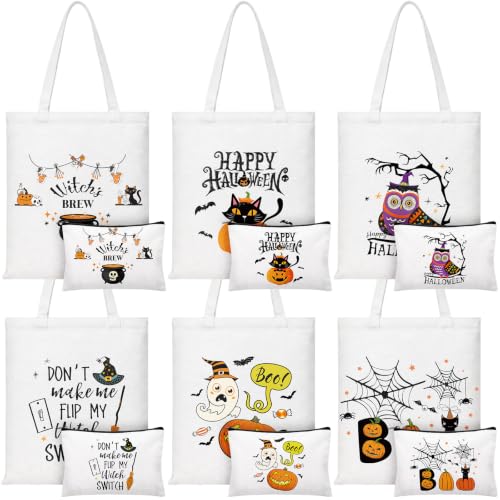 Patelai 12 Pcs Halloween Canvas Tote Bags and Makeup Bags for Women Gifts - style: Cute Halloween