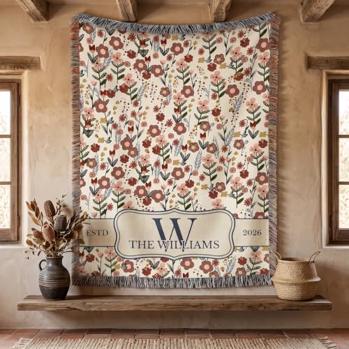 Chillever Personalized Monogram Woven Blanket with Last Name, Custom Floral Throw Blankets for Couch Bed, Cotton Anniversary Wedding Gift for Couple, New Home Housewarming Presents - color: A4