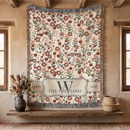 Chillever Personalized Monogram Woven Blanket with Last Name, Custom Floral Throw Blankets for Couch Bed, Cotton Anniversary Wedding Gift for Couple, New Home Housewarming Presents - color: A4