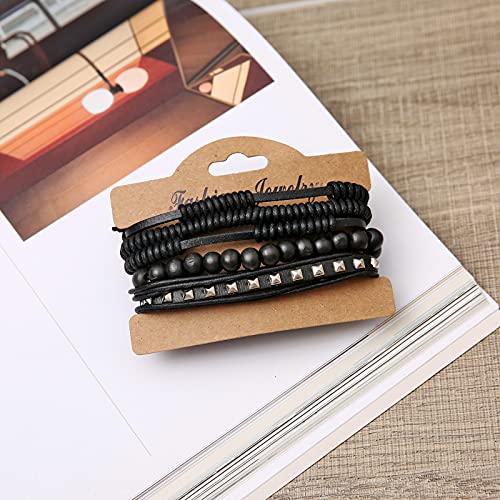 HZMAN Handmade Hemp Cords Wood Beads Leather Bracelets for Men Women - style: Wooden bead style 7
