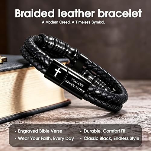 Christian Gifts for Mens Jewelry Black Double Layer Leather Cross Bible Verse Bracelets for Men, Teen Boys Religious Baptism Confirmation Gifts for Son Grandson Brother Teenages Gift Ideas - color: Joshua 1:9(9 Inch)