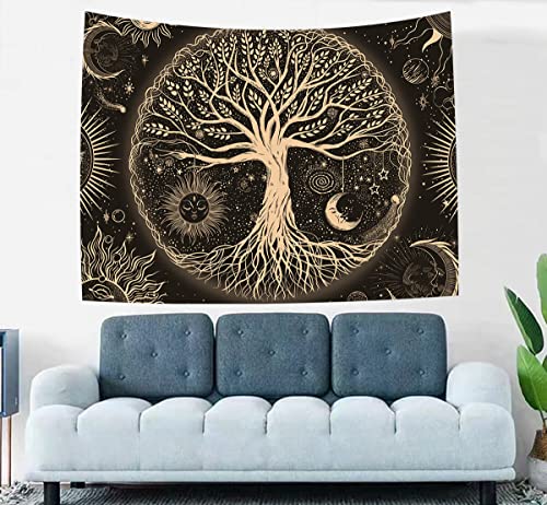 FORATER Tree of Life Tapestry Wall Hanging Sun Moon Stars Tapestries Aesthetic Galaxy Wall Tapestry Nature Home Decoration for Living Room Bedroom(53 x 61 Inch, Black and Gold) - color: black and gold, size: 61"L x 53"W