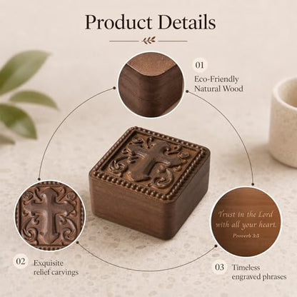 Hand-Carved Wooden Cross Rosary Box, Catholic Gift for Men Women - color: Cross