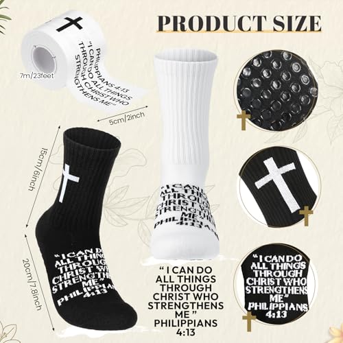 TrelaCo 2 Sets Cross Grip Socks with 2 Pcs Christian Athletic Tape Jesus Soccer Grip Socks Cotton Sports Athletic Tape Serrated Edges for Easter Gifts Football Baseball(Black White,Philippians 4:13) - color: Philippians 4:13